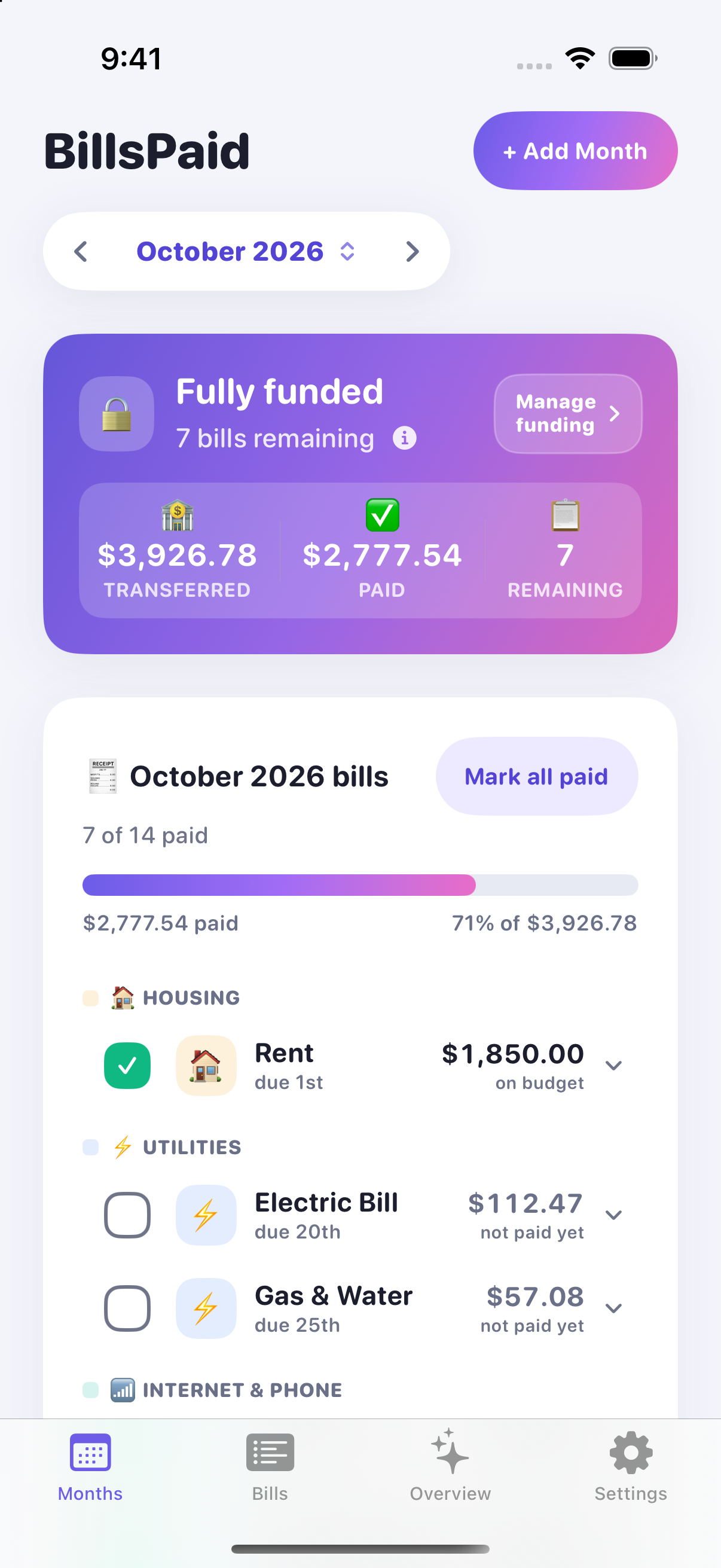 Current BillsPaid app showing a fully funded sample month, payment progress, and bills